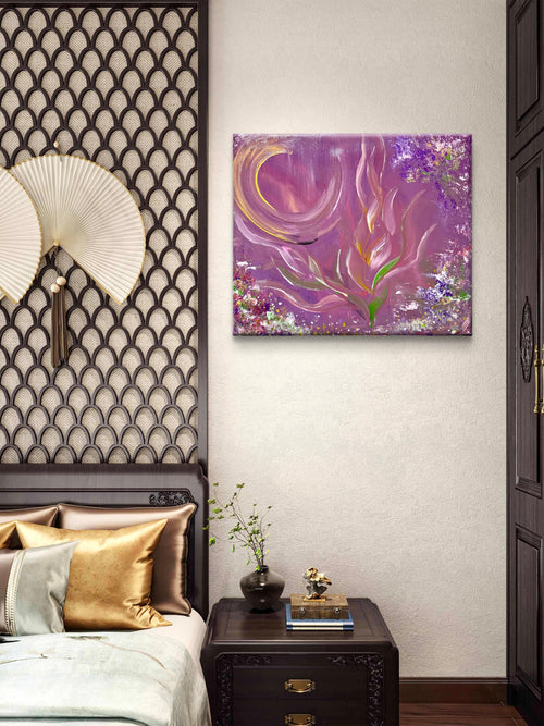 Bloom, original fluid art floral painting by Nikoletta Abbasi, shown in a bedroom
